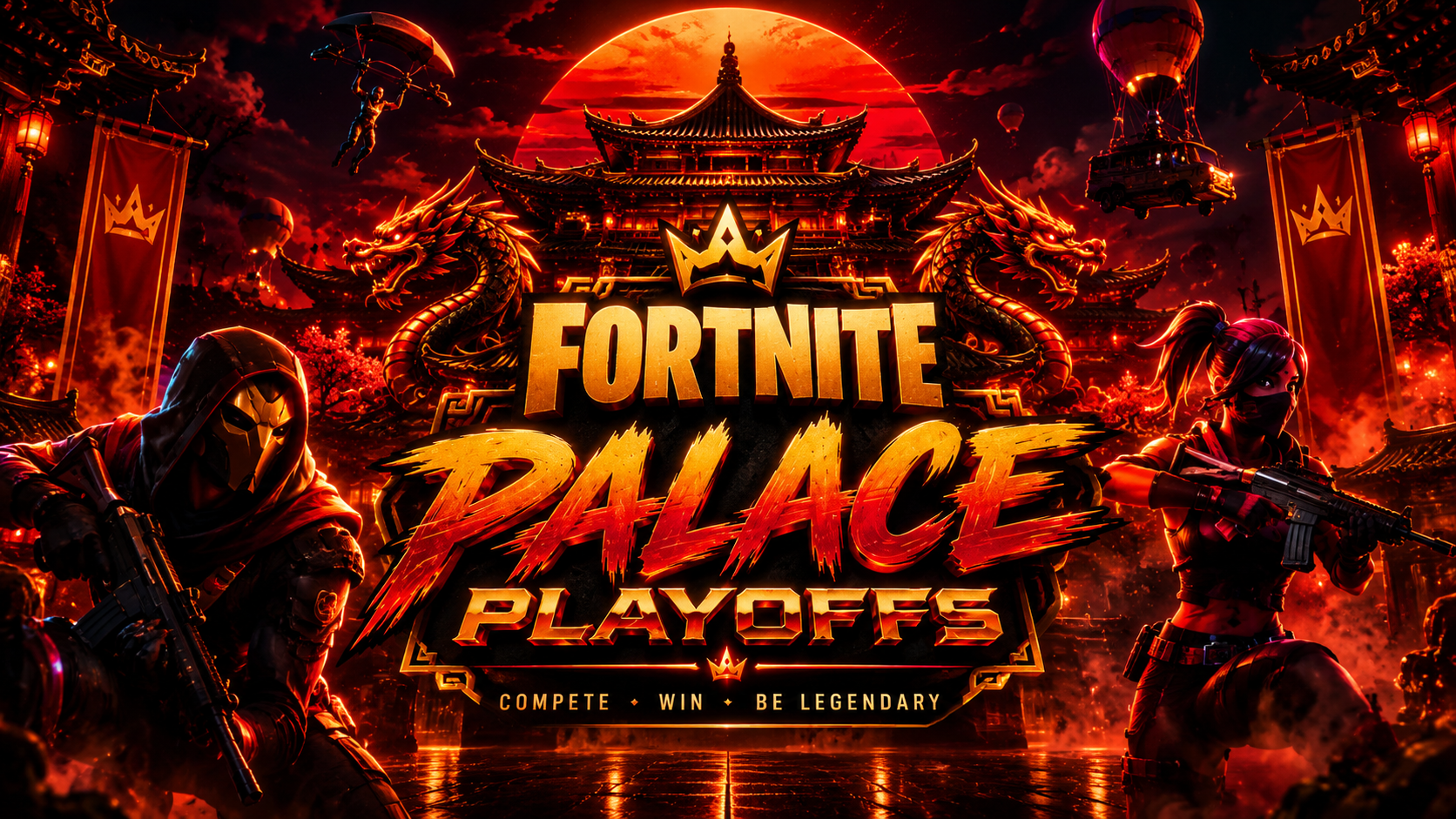 Fortnite tournament banner with Palace Playoffs palace and dragons
