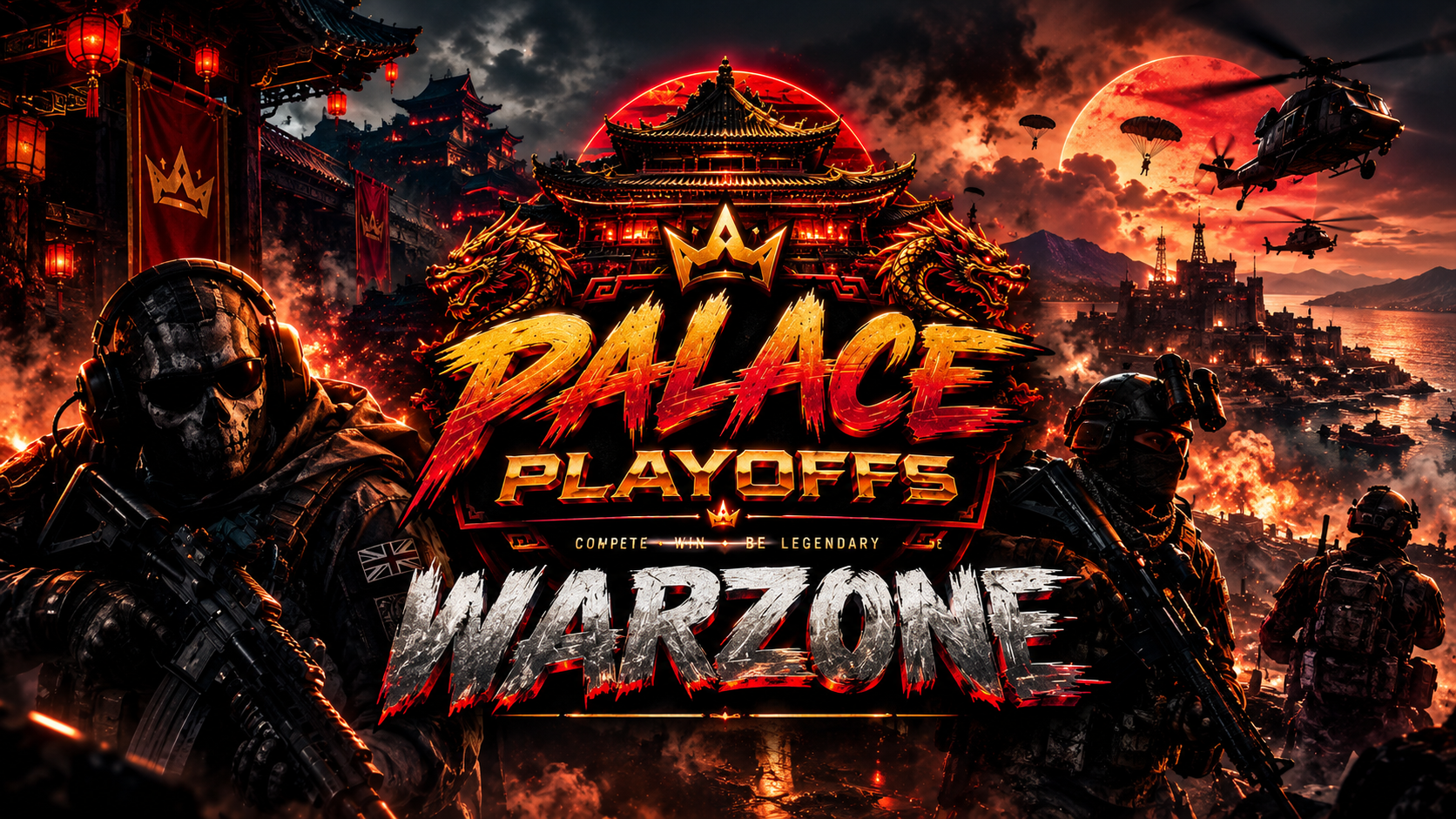 Warzone tournament banner with Palace Playoffs palace and dragons