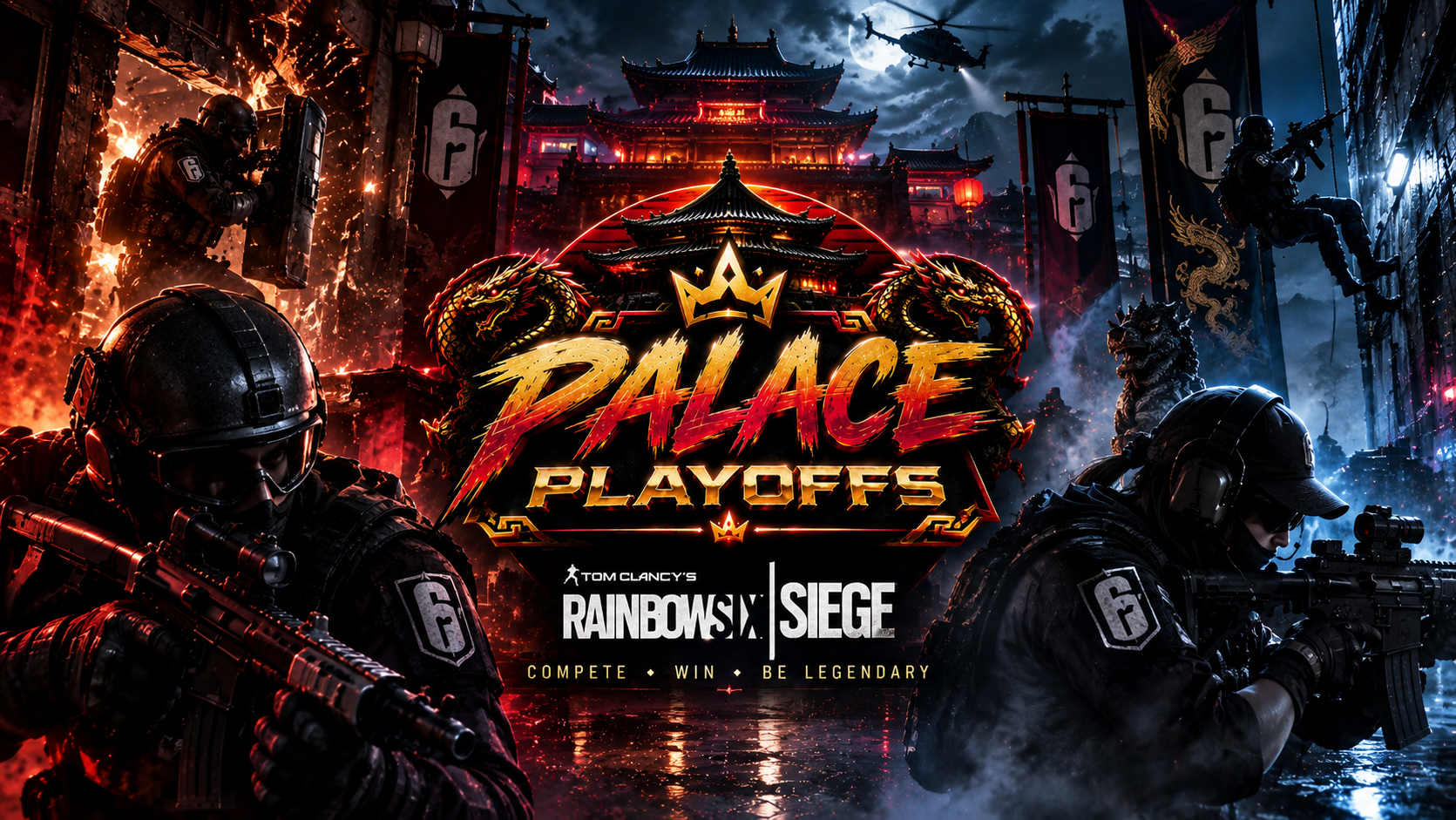 Rainbow Six Siege tournament banner with Palace Playoffs palace and dragons