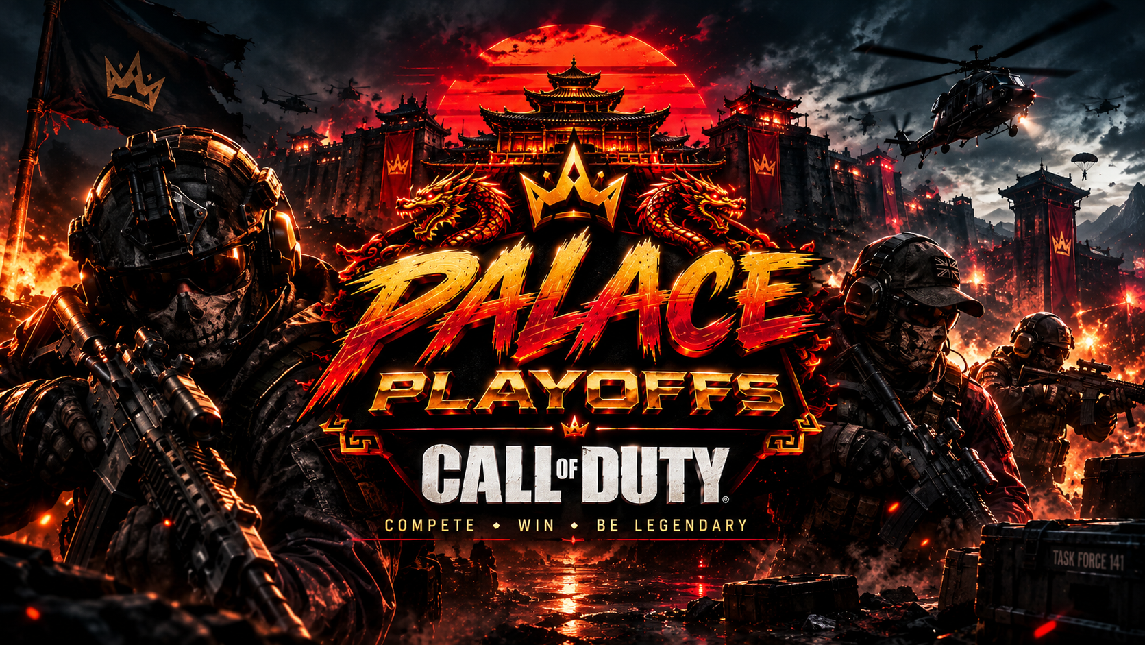 Call of Duty tournament banner with Palace Playoffs palace and dragons